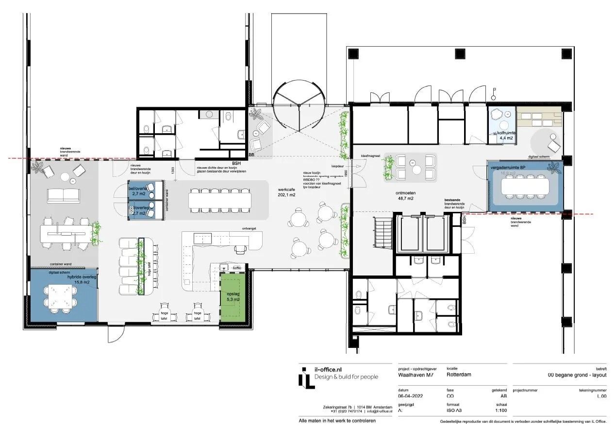 Plattegrond van de begane grond van kantoorruimte Waalhaven in Rotterdam met werkplekken, vergaderruimtes en ontmoetingsruimtes.
